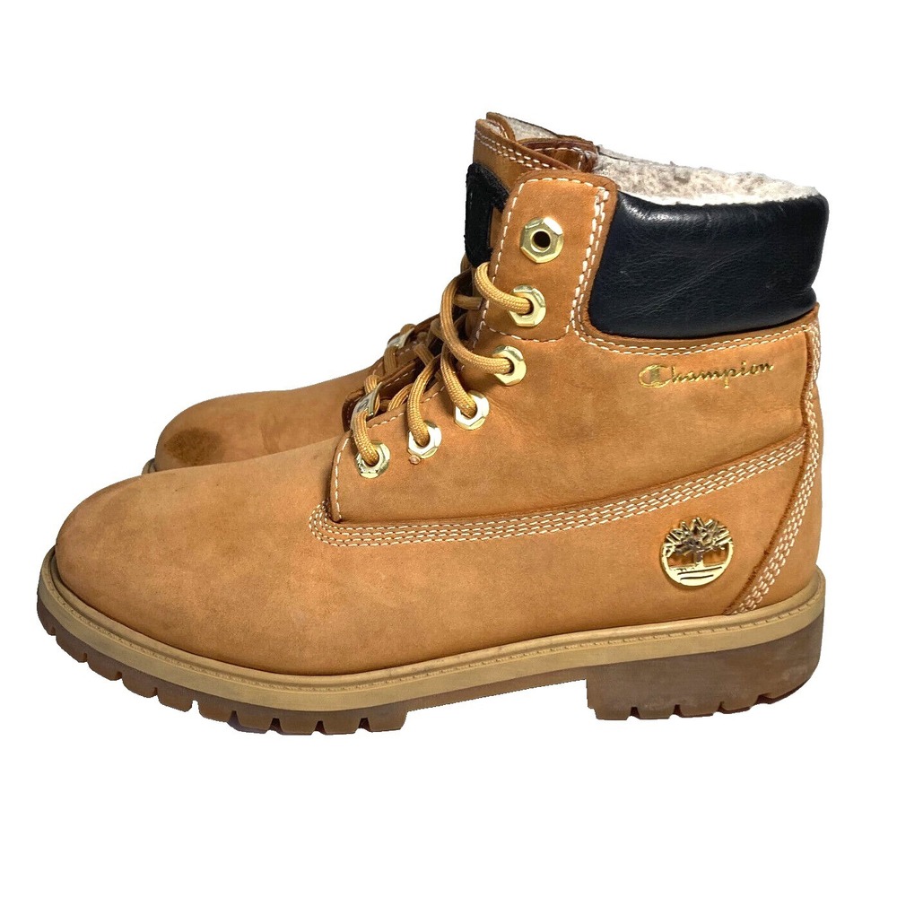 Timberland x Champion Premium Suede Boot Boy 6Y Wheat Nubuck Shearling Gold Logo